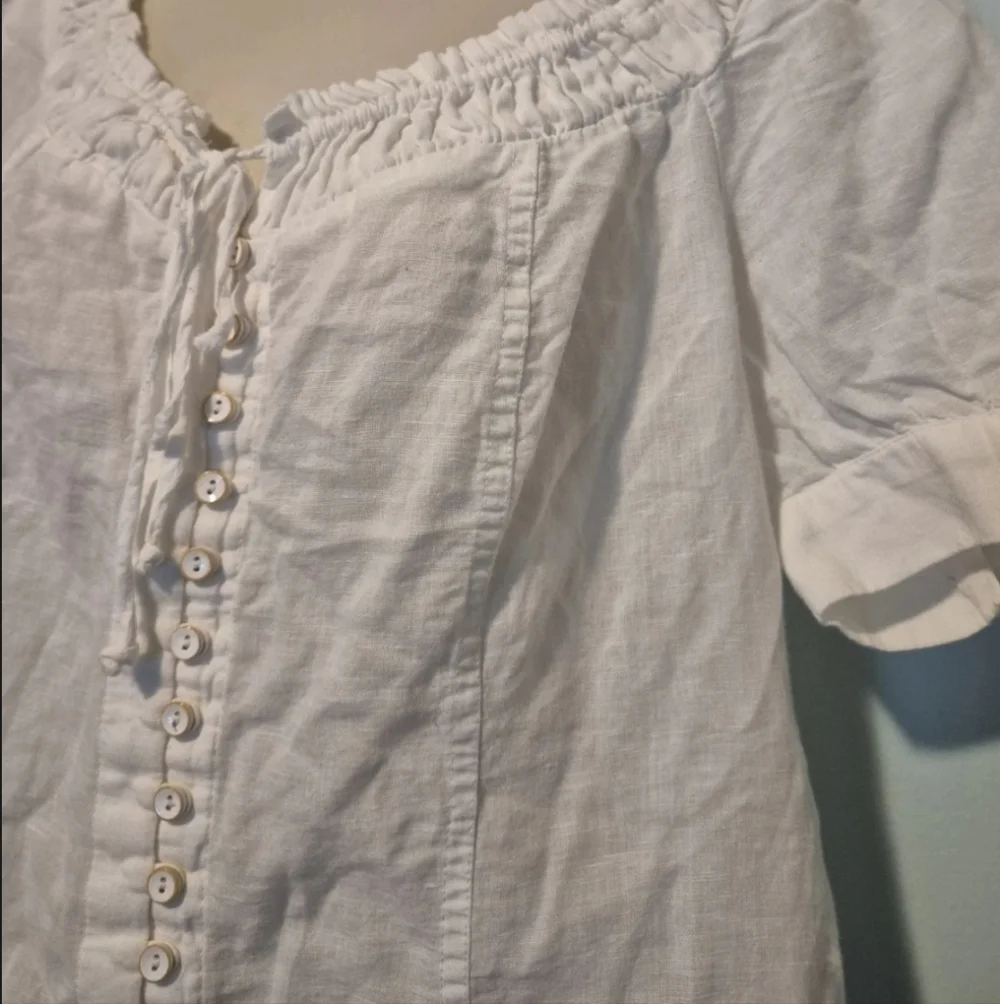 Anthropologie White Button-Front Linen Peasant Blouse